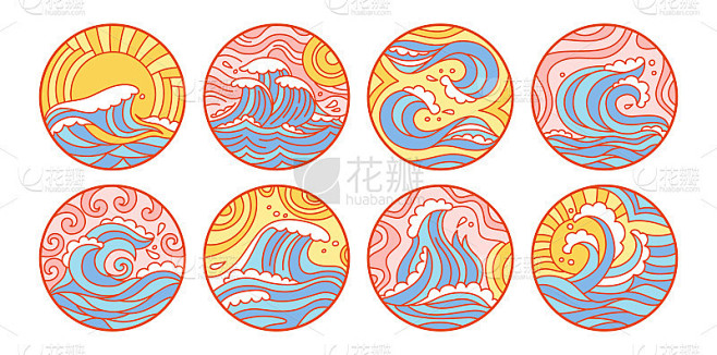 海浪嘟嘟圆日落日出set向量