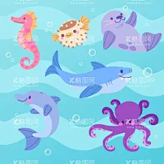 卡通海洋生物  - 源文件下载【酷图网】卡通,海洋生物,动物,卡通动物,海洋动物,海马,河豚,海狮,海豹,鲸鱼,鲨鱼,水母,乌贼,印花,T恤印花,图案,插画,手绘,绘画,素材,矢量,图片,设计,广告设计,高清,ai,eps,ps,