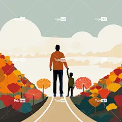 画中有一个可爱的小男孩和一位父亲海报