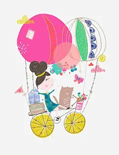 卡通小女孩png免抠素材_新图网 https://ixintu.com 插画 卡通 手绘 小女孩 气球 自行车 梦幻