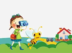 卡通游玩的小孩_新图网 https://ixintu.com 游玩 卡通小孩 蜜蜂 卡通蜜蜂 草地 郊外 夏天出游 照相机