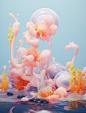 an artistic composition of an abstract plant in the water, in the style of rachel maclean, pastel dreamscapes, xiaofei yue, editorial illustrations, ernesto neto, rococo-inspired, interactive artwork