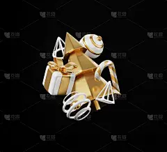 豪华圣诞节3d渲染横幅或贺卡。现代最小新年和圣诞节金色和黑色装饰与树，糖果，球，礼品盒在黑色背景