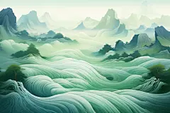 中式青山山川河流绿水创意插画