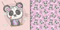 可爱的,四方连续纹样,动画片,女孩,熊猫,请柬,贺卡,女婴,小的,儿童