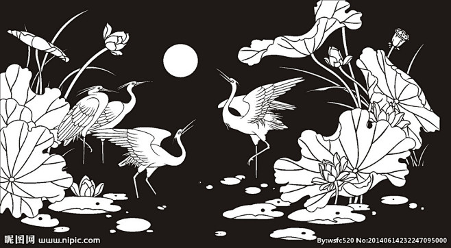 荷花莲花黑白图线勾图