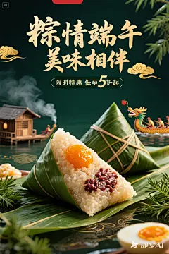 粽子海报，主标题“粽情端午，美味相伴，副标题“ 限时特惠 低至5折起”，青翠粽叶包裹晶莹糯米特写，咸蛋黄油润剖面与红豆沙细腻分层。背景融合炊烟木屋、龙舟竞渡、艾草装饰，景深层次分明。暖金色光线穿透粽叶