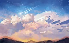 星空流星唯美梦幻天空蓝天云彩流星夕阳黄昏原创插画素材