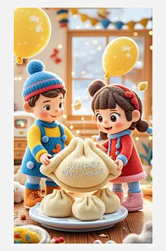 立冬海报设计羊毛毡3D卡通餐盘上