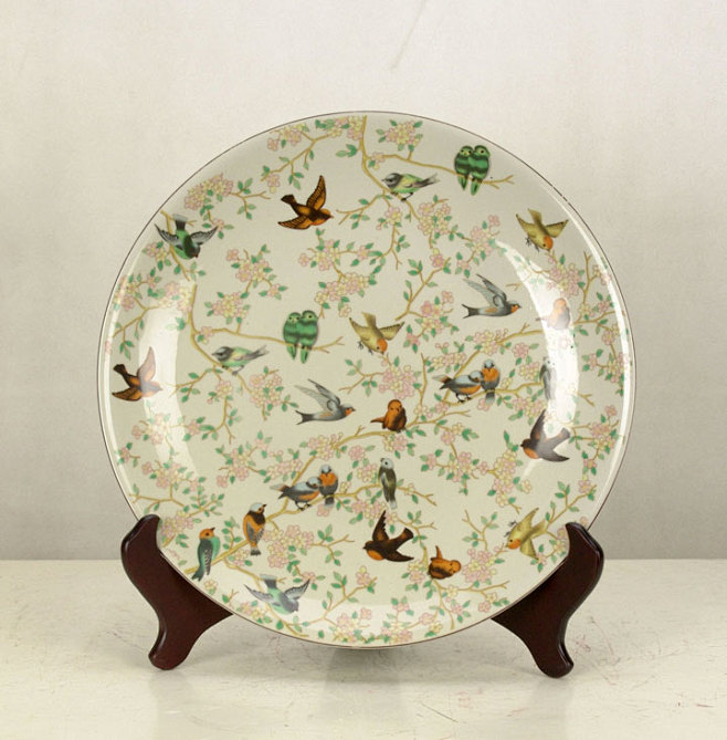 中式家居饰品摆件 清新花鸟陶瓷装饰圆盘