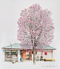 《即将消失的杂货店系列》来自韩国插画家Me Kyeoung Lee的手绘作品。平实而温暖的绘画中充满细节，堆叠的蔬菜水果箱、停放的自行车、立起的扫帚、盆栽.....以及一年四季小卖部门前的树木。 ​​