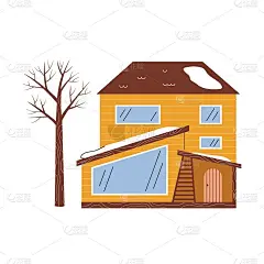 有雪的时髦木屋和没有叶子的树。矢量插图在一个可爱的手绘风格。冬天舒适的场景