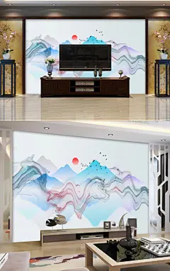 彩色手绘山水画装饰客厅背景墙