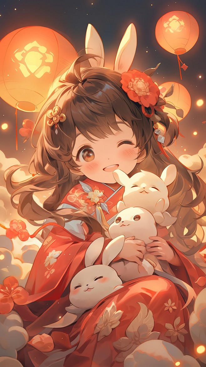 中秋节小女孩抱着兔子非企业商用