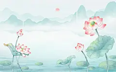 古风荷花插画手绘植物山水背景写意风景插画荷塘荷叶夏天