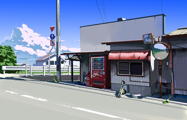 现代日式室外场景（插画）