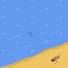 当代艺术拼贴画的年轻女子躺在海边的沙滩上，晒日光浴