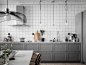 宽敞的灰色厨房，白色砖墙，简约北欧厨房设计 : 我喜欢这个瑞典厨房里的黑色水泥地砖。它给了柔和的灰色前脸一个更工业的外观，这是做得更精致的威士忌酒瓶灯上面的