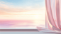 white curtain at window of window, sunrise and sunrise, in the style of vaporwave, hyper-realistic details, dreamy realism, light pink and white, realistic landscapes with soft edges, uhd image, joong keun lee