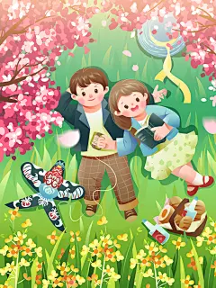 矢量 海报 手绘 插画 illustrator 情侣 春天 纸鸢 风筝 清明节