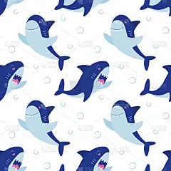 齿鲨无缝模式。水下可爱的性格。婴儿印花包装，织物，壁纸，纺织品。矢量插图。