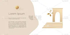 抽象极简向量，拱形与楼梯，领导者成功的概念旗帜。用金色画出形状的线条艺术。模板与复制空间的邀请，卡片