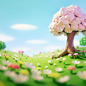 tree on the grass screenshot 4, in the style of cute and dreamy, pastel, 8k 3d, flower and nature motifs, cute cartoonish designs, selective focus, meticulous design