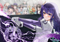 Anime 1736x1228 anime girls baseball purple hair jersey gloves braids Raiden Shogun (Genshin Impact) lightning Genshin Impact purple eyes frown moles mole under eye blushing baseball bat braided hair