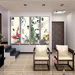 包邮纯手绘新中式工笔油画中国风客厅装饰画有框四联挂画梅兰竹菊-淘宝网