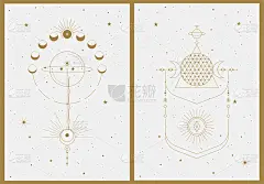 两套黄金和米色美学几何和谐复古背景与太阳系元素。