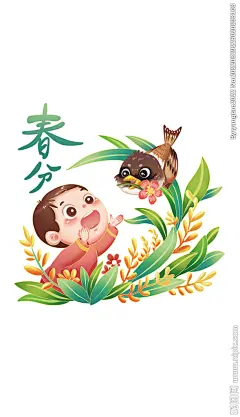 卡通麻雀可爱小孩春季海报
