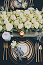 Dramatic place setting in black, gold and white | Style me Pretty: 