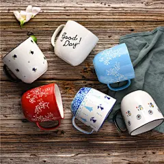 蓝百合家居手绘釉下彩陶瓷马克杯情侣闺蜜杯异形口杯办公室随手杯-淘宝网