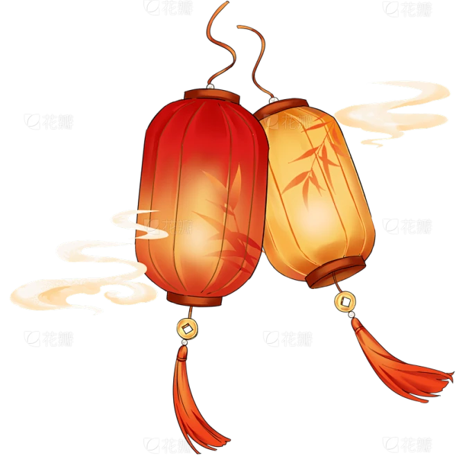 元宵节国风扁平灯笼祥云组合元素素材-花瓣网