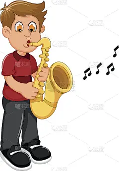 有趣的卡通男孩吹小号
