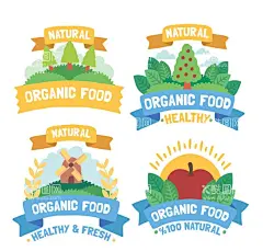 手绘有机食品标签  - 源文件下载【酷图网】树木,草地,苹果,小麦,风车,eps,ai,矢量,高清图片,素材,
