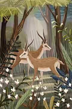 雄鹿彩色手绘森林植物花朵复古动物插画