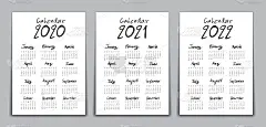 日历2020年，2021年，2022年模板矢量，刻字日历，手绘刻字日历矢量插图，简单，一套12个月，