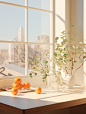 the empty a table in front of windows with some plants, in the style of luminous 3d objects, honey core, editorial illustrations, hallyu, light white and light orange, grocery art, camera tossing, close shot