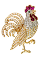 Oscar Heyman gold/platinum ruby emerald diamond rooster brooch: 