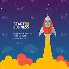 火箭船启动概念旗帜平面设计风格。向量