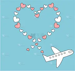 卡通飞机在蓝天中飞行，制作心形浪漫可爱的矢量插图