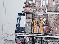 我的水手爸爸会画画 Tom Crestodina 出海图 - 灵感日报 : 孩子三岁时Crestodina再度出海，在海上的那些日子对儿子充满了无尽的思念，于是闲暇时Crestodina开始绘制一张张的出海图，大部分是一些工作场景。为了更清晰的反应工作的内容，许多画面中的船都是以剖面图呈现的，看上去非常有趣。Crestodina也希望借组这些有趣的插图，让儿子了解老爸出海的工作是怎样的……