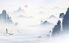 古风山水插画手绘国风风景背景写意山水背景仙鹤山峰意境古风中国风唯美山水风景