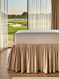 bedroom with golf court view, photography, white curtains, floot-to-ceiling windows,white mattress, 