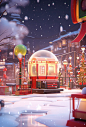 Christmas presents are in the snowy city of jus, in the style of rendered in cinema4d, luminous spheres, kitsch and camp charm, glass as material, storybook illustrations, chinapunk, rtx on