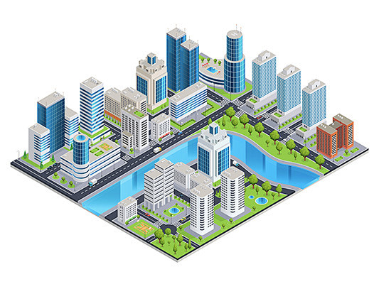2.5D未来时尚科技感城市建设建筑模型,...