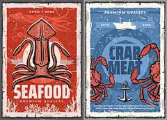 海鲜乌贼和螃蟹肉病媒复古海报。渔业和鱼类美食餐厅,海洋渔业和海洋渔业.海鲜乌贼和螃蟹厨师熟食，水下动