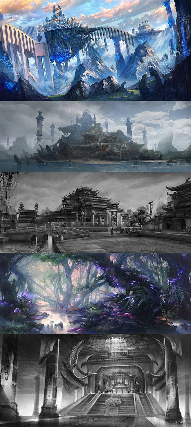 中国风场景气氛图古风山水建筑武侠仙侠CG...