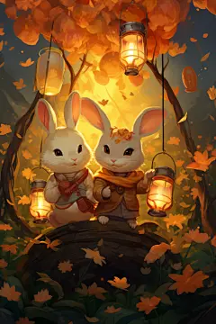 古风可爱中国传统中秋节兔子月饼插画